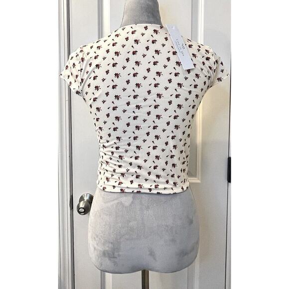 LIVE IN THE MOMENT Floral Print Cropped Tee Peasant Square Neck L Y2k Delicate - Picture 4 of 8